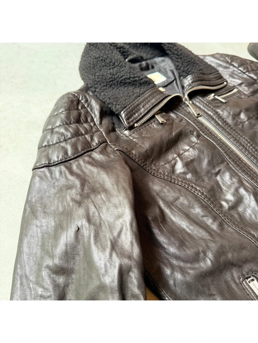 Michael Kors Women’s M Genuine Leather Moto Jacket Faux Sherpa Collar